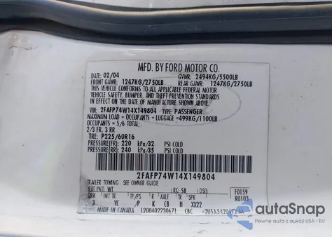 2004 Ford Crown Victoria Lx z USA, uszkodzony, nr VIN 2FAFP74W14X149804